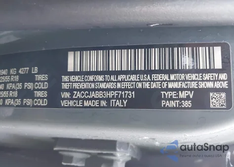 2017 Jeep Renegade Altitude Fwd from USA, damaged, VIN ZACCJABB3HPF71731